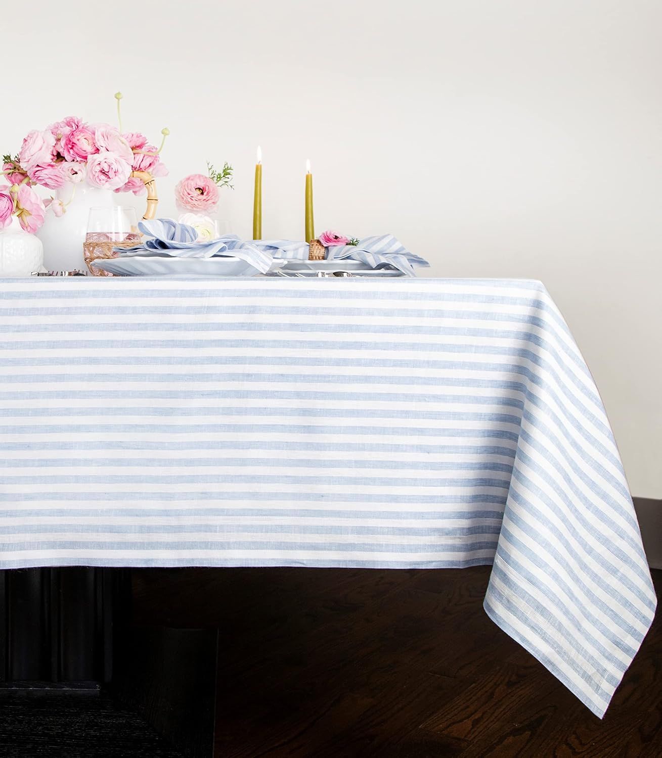 Sky Blue and White Striped Linen Rectangular Tablecloth