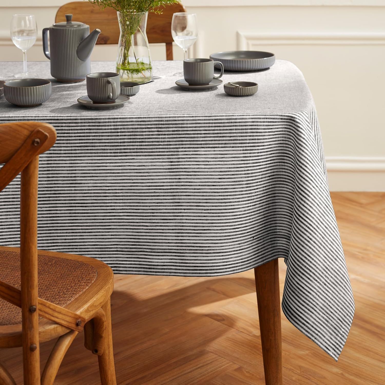 Black and White Striped Linen Rectangular Tablecloth 60 x 90 Inch