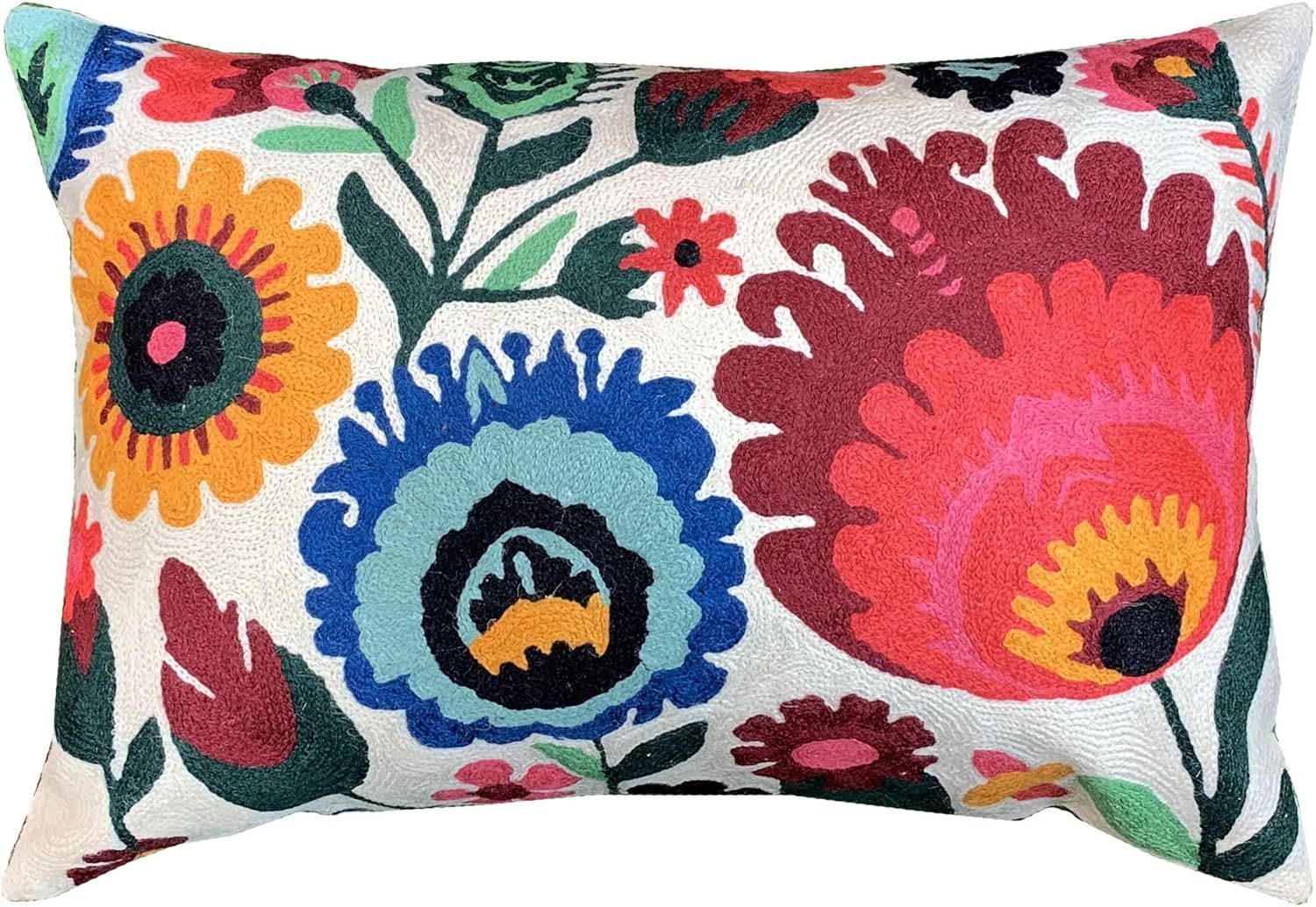 Hand Embroidered Multicolor Floral Lumbar Pillow Cover