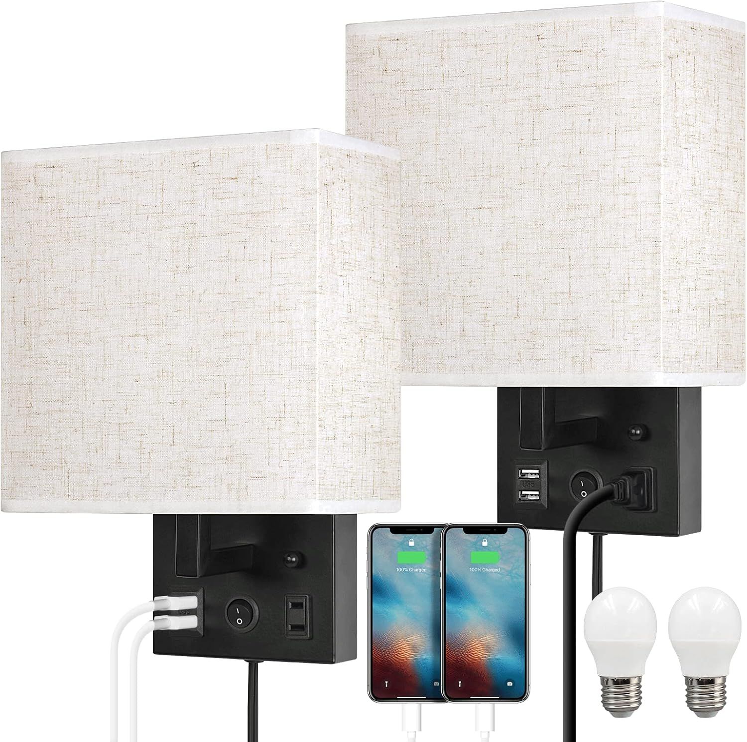 Black Linen Fabric Wall Sconce with USB and Outlet