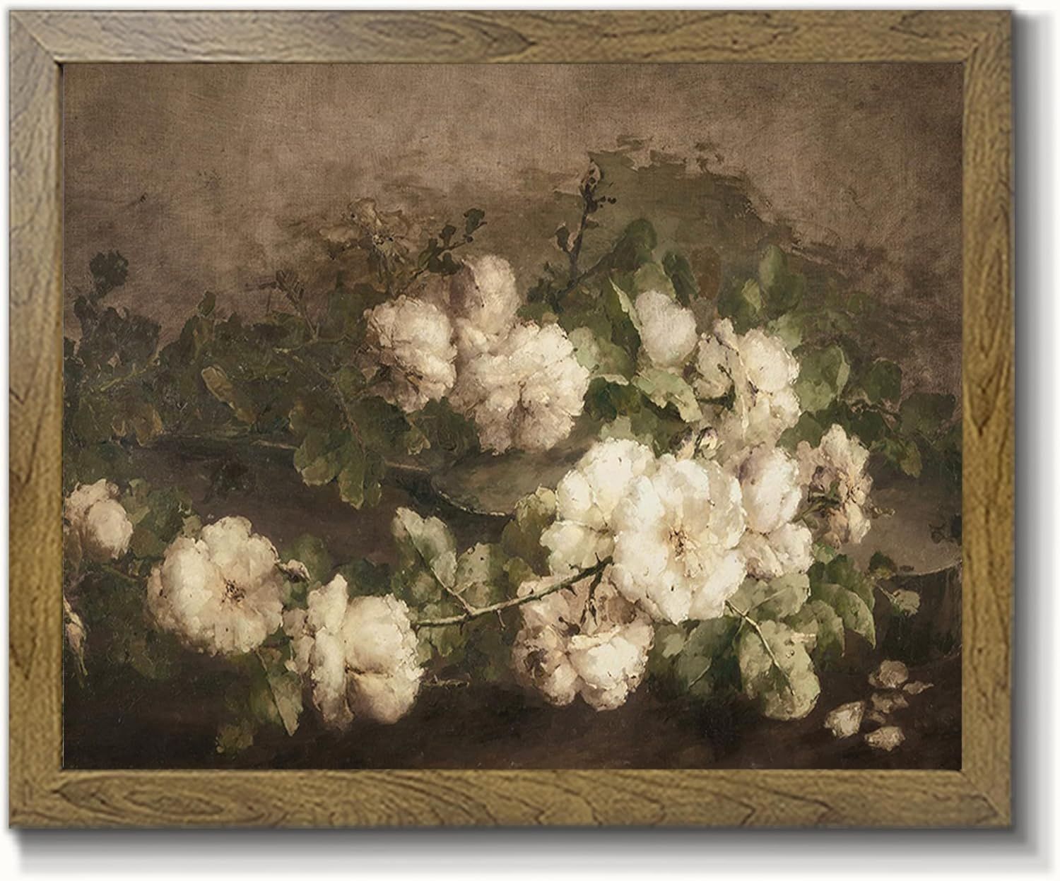 Vintage White Floral Landscape Canvas Print with Brown Frame