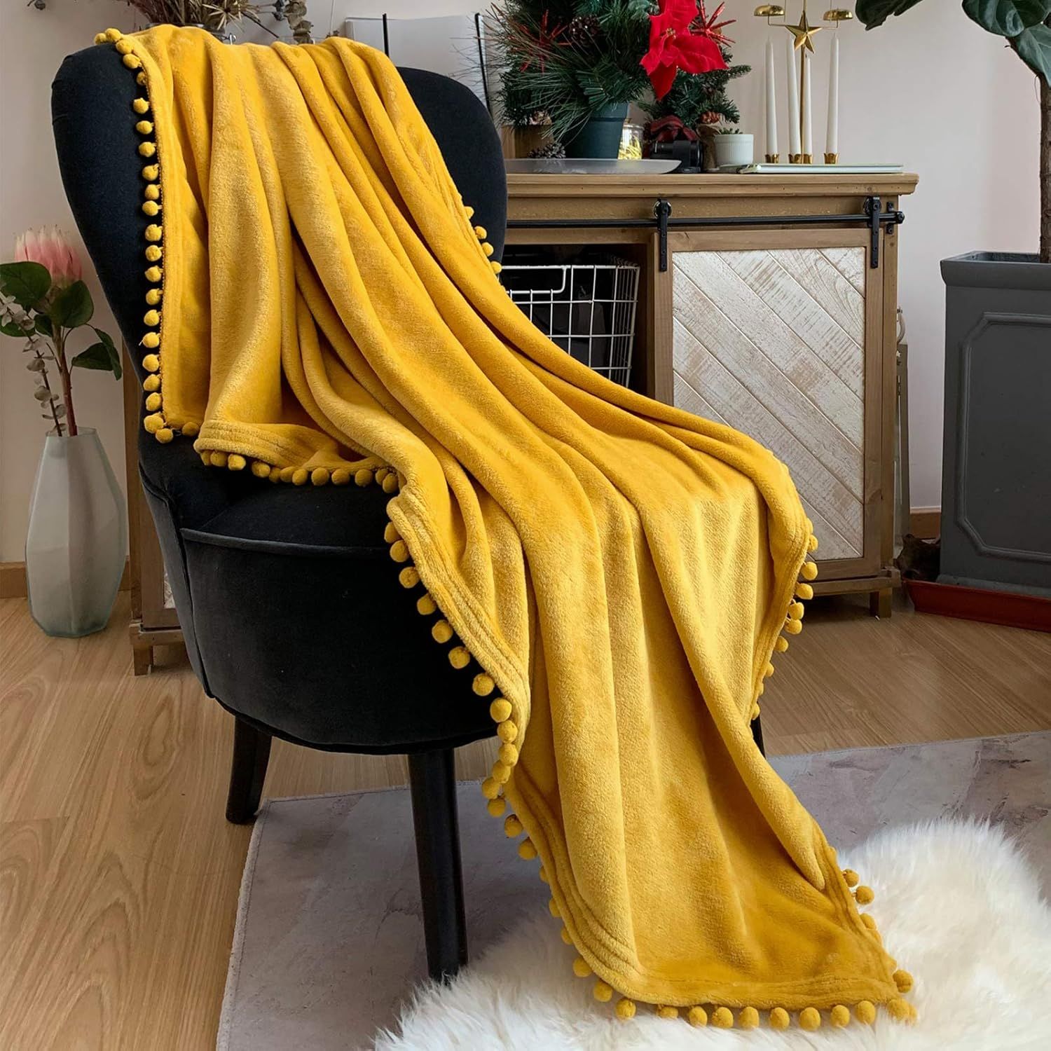 Mustard Yellow Flannel Blanket with Pompom Fringe, 51x63