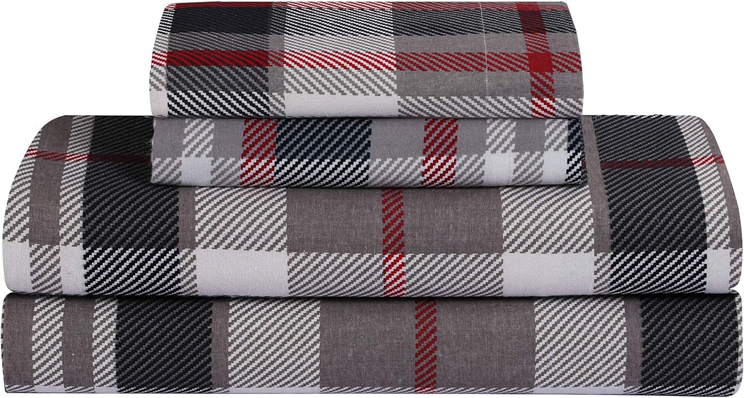 Full Size Gray and Red Cotton Flannel Plaid Sheet Set