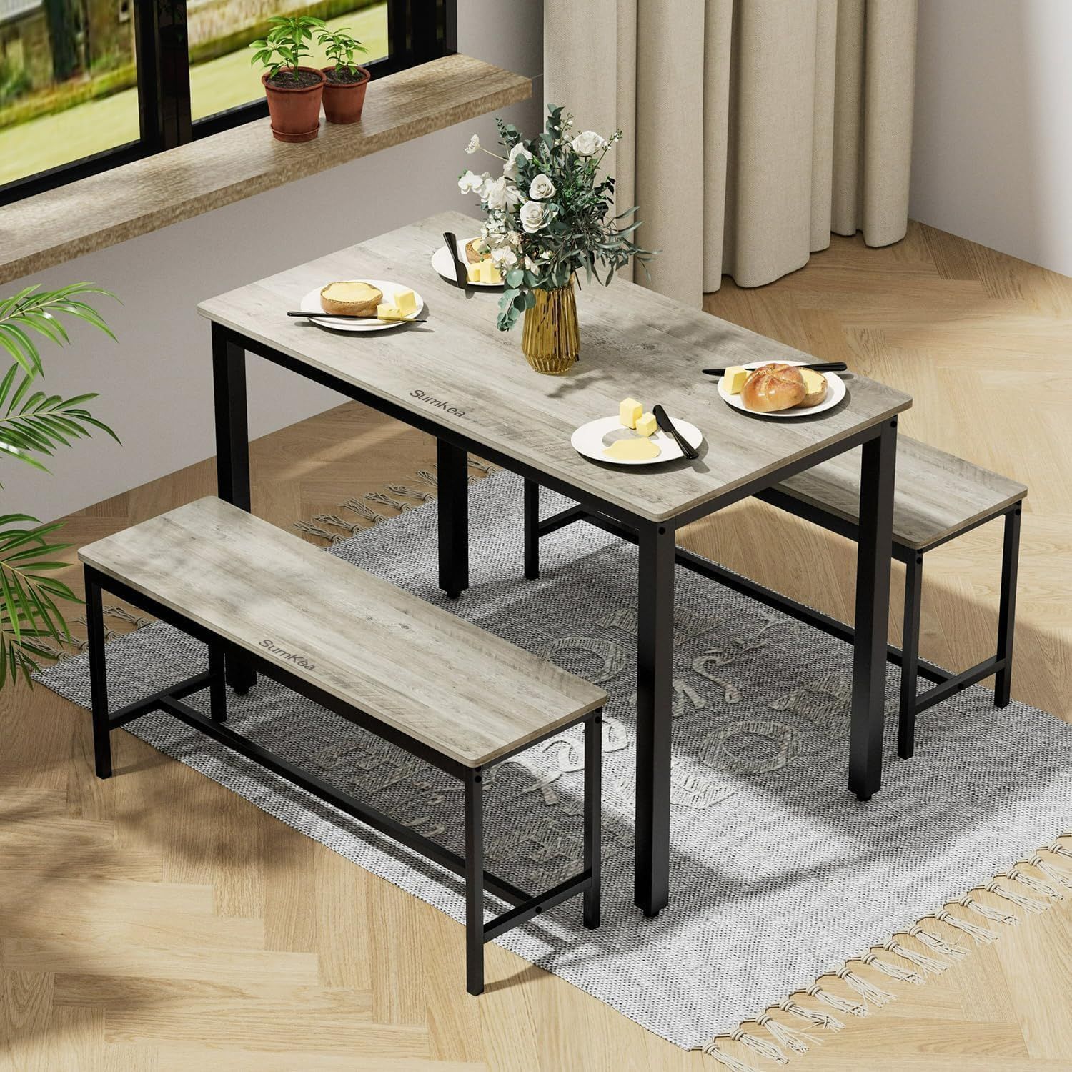 Gray Wood and Steel 3-Piece Dining Set with Benches