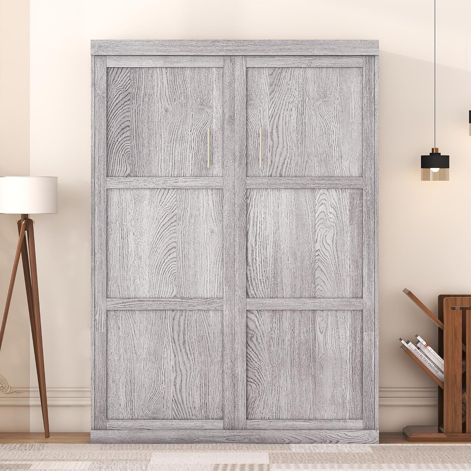 Gray Pine Full Size Murphy Bed with Storage Drawer