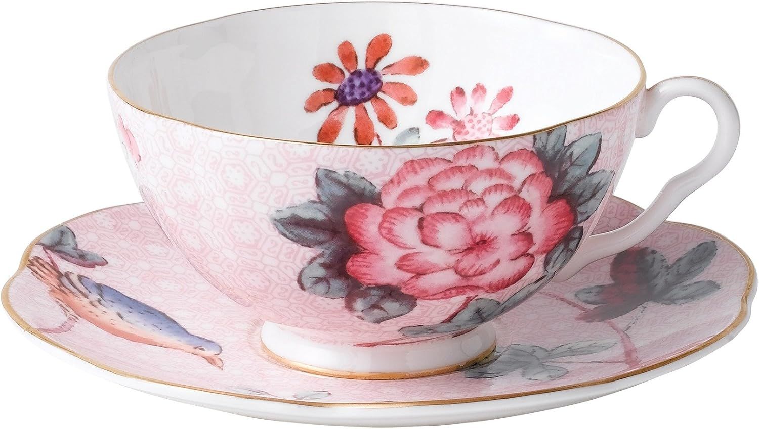 Pink Floral Bone China Teacup and Saucer with Gold Trim