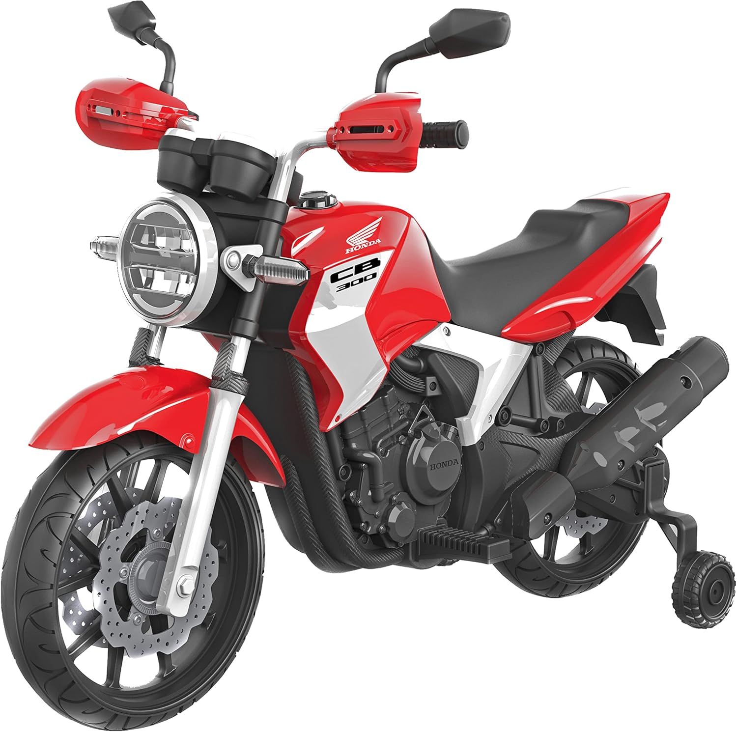 Red 12V Honda CB300R Ride-On Motorcycle with Training Wheels