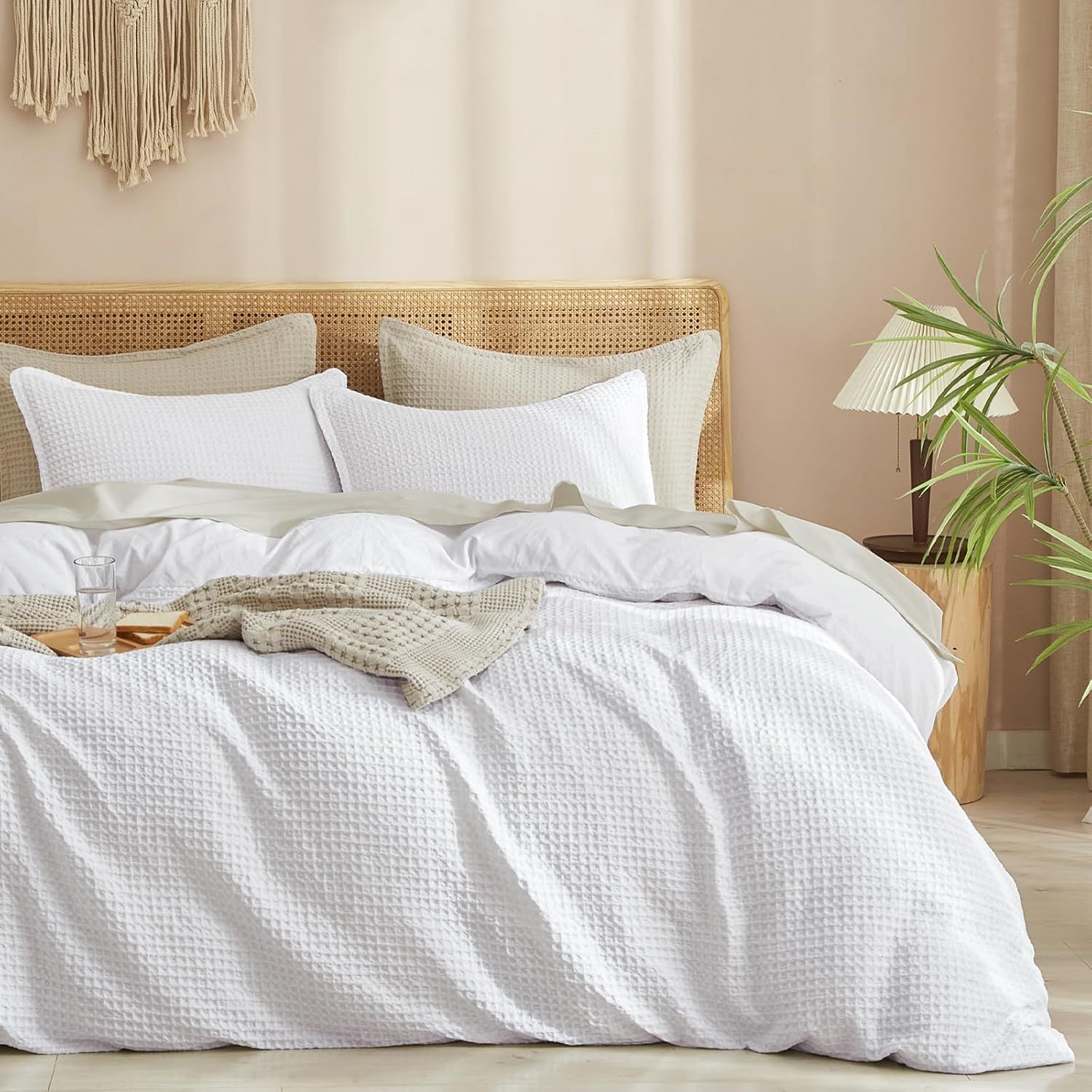 White Waffle Weave Queen Duvet Cover Set with Pillowcases