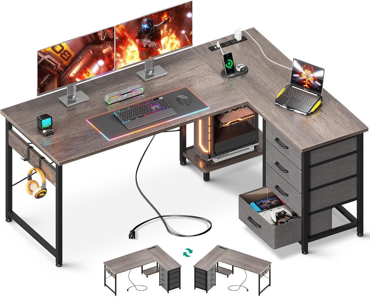 Grey Oak L-Shaped Gaming Desk with Drawers and Power Outlets