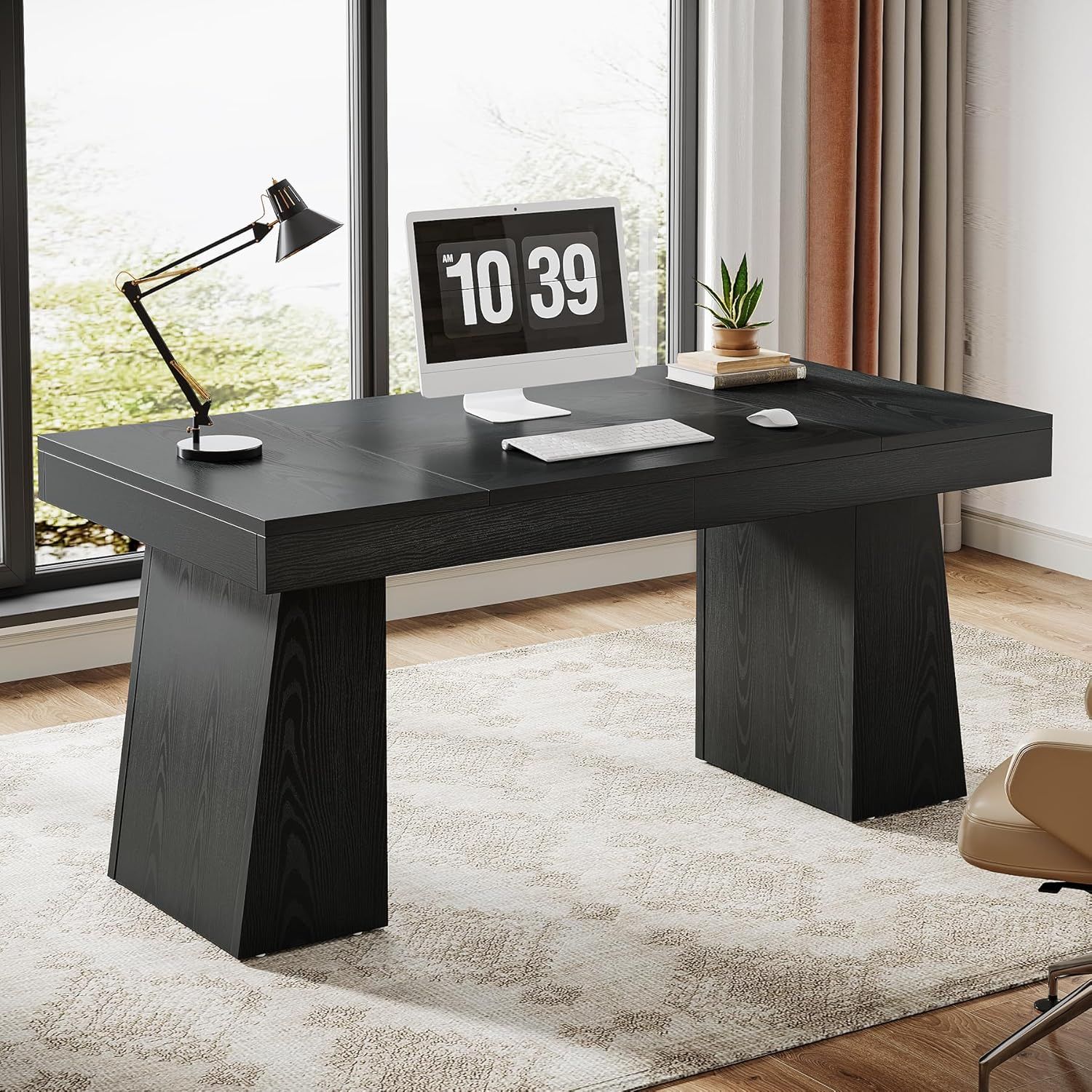 Black Wood Executive Desk with Double Trapezoid Base, 55 Inches