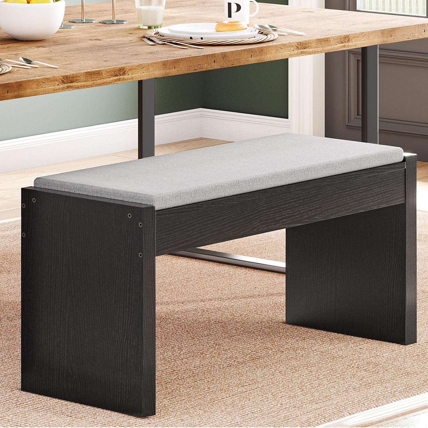 Black and Gray Upholstered Dining Bench with Linen Cushion