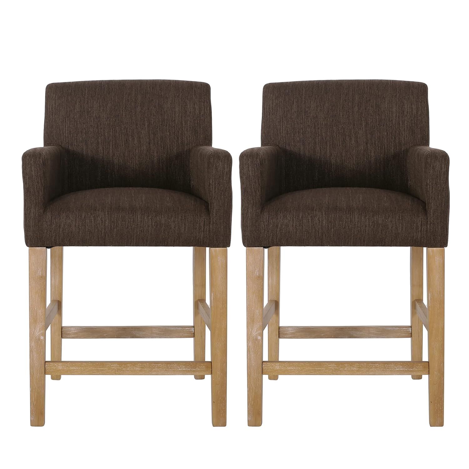 Brown Upholstered Wood Counter Stools with Armrests, Set of 2