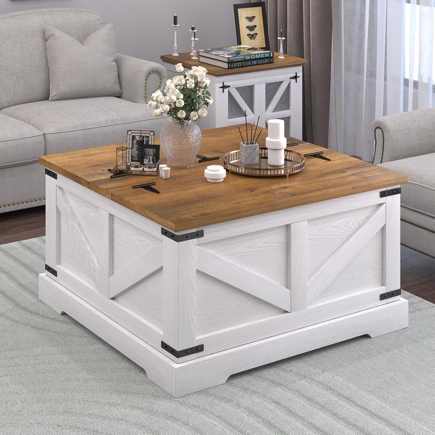 White and Brown Square Lift-Top Coffee Table with Storage