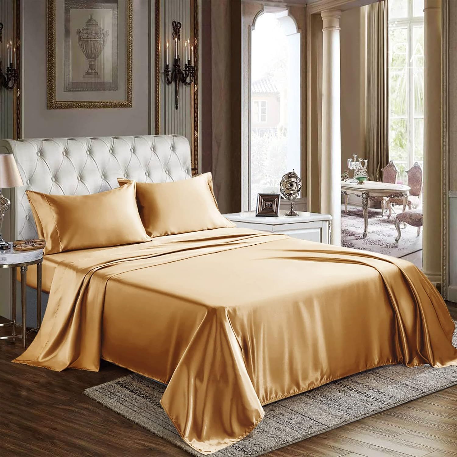 King Size Soft Gold Satin 4-Piece Deep Pocket Sheet Set