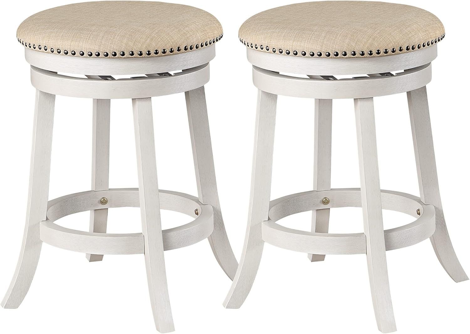 Beige Fabric Round Swivel Stool with White-Wash Wood Finish, 2-Pack