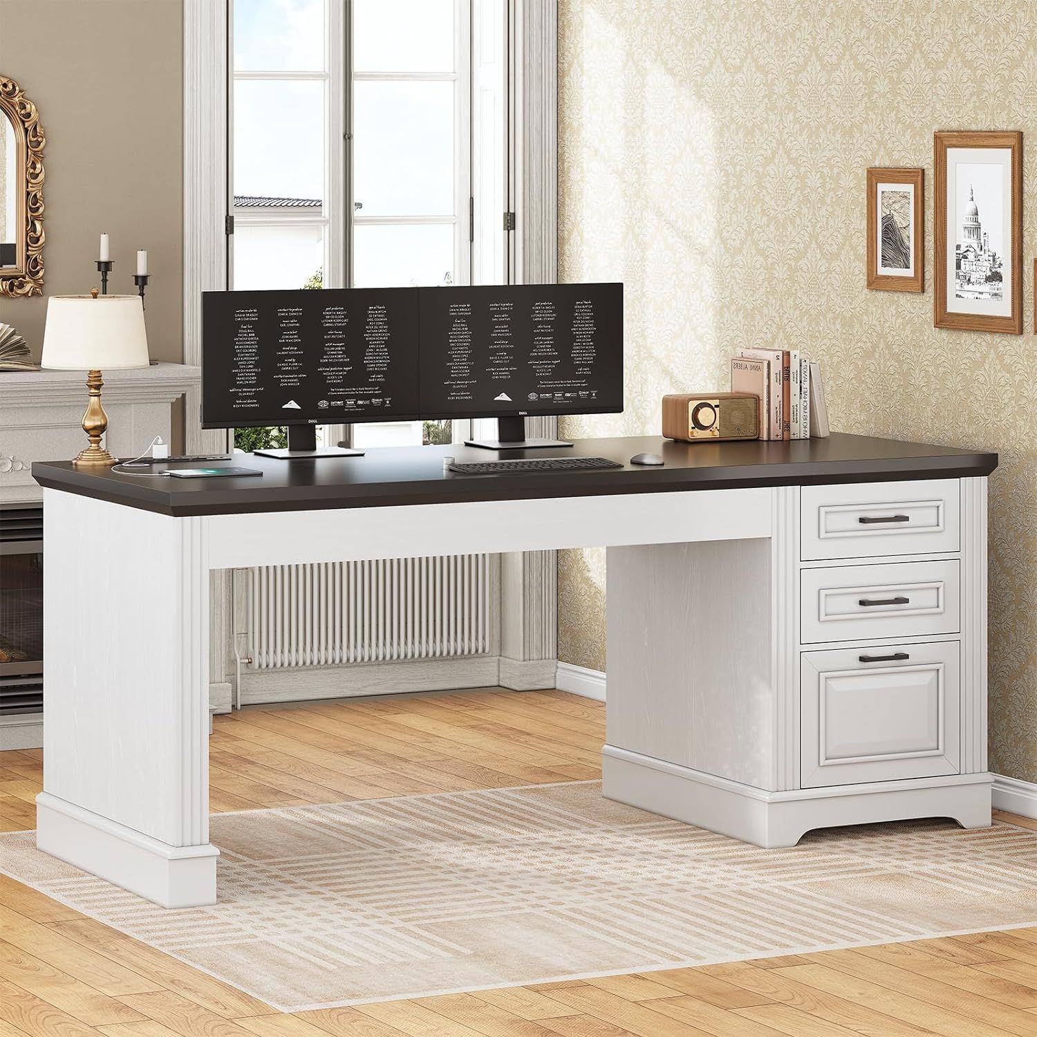 White and Black Wood Executive Desk with Drawers and Power Outlet