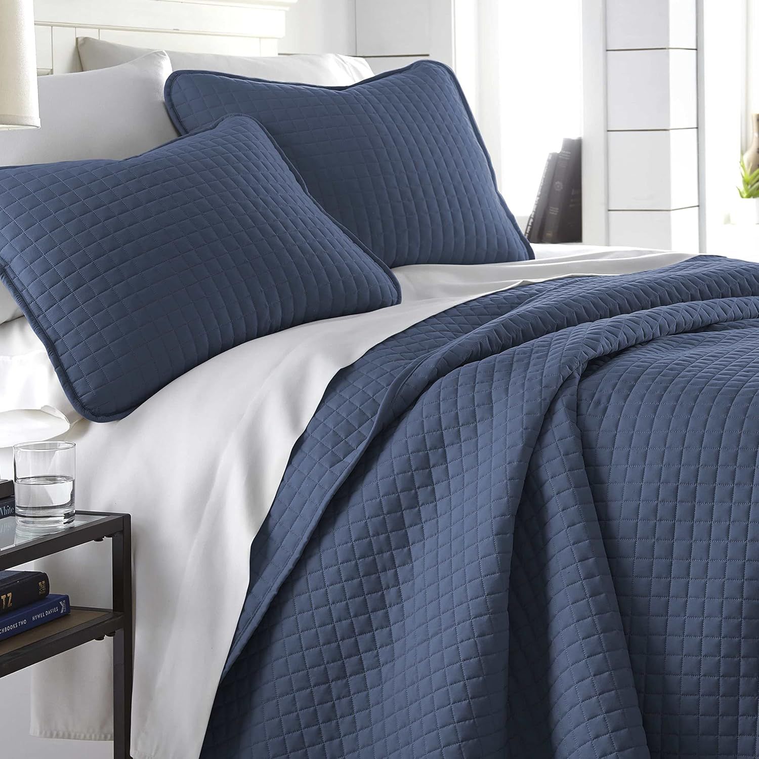 King Size Dark Blue Microfiber Quilt Set