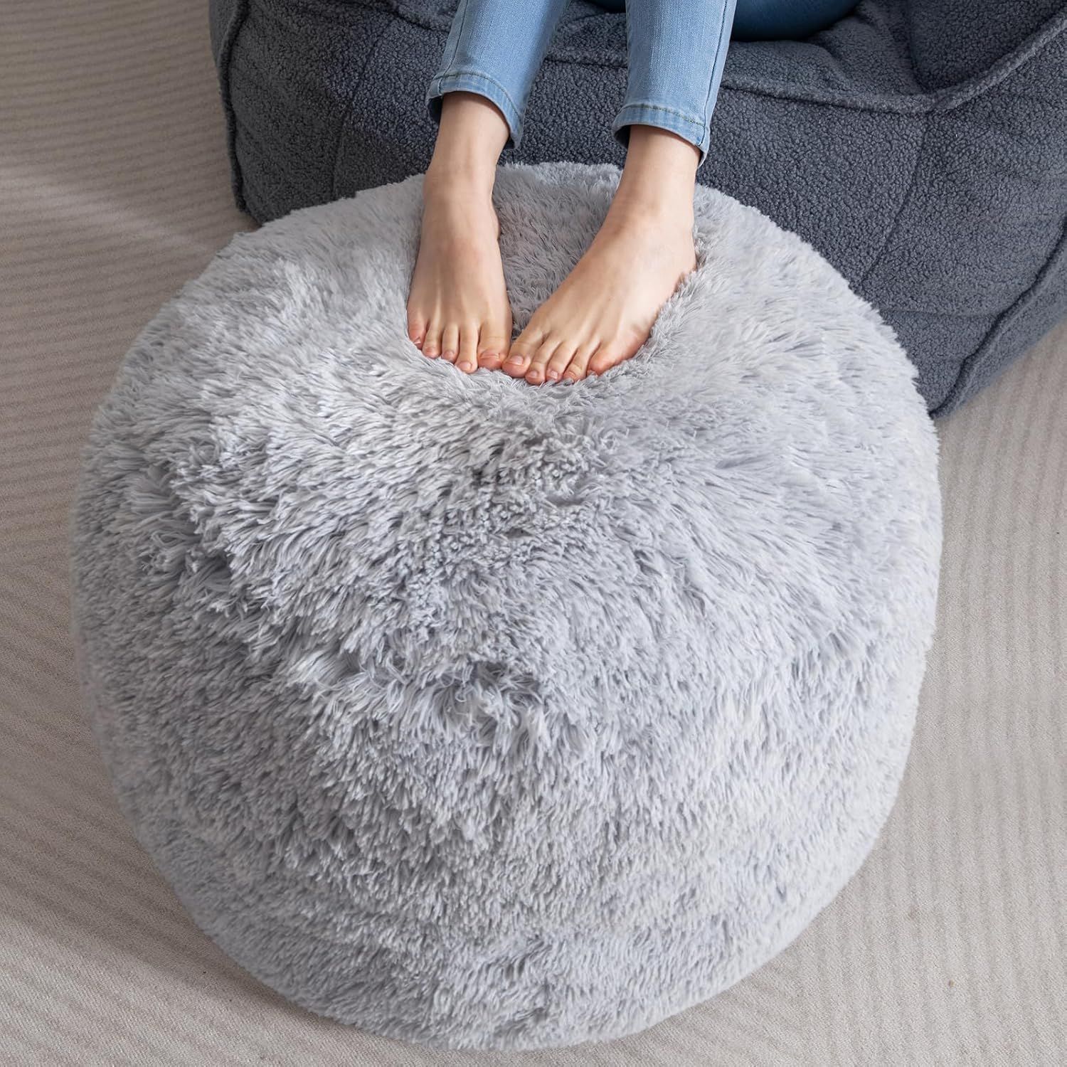 Grey Faux Fur Round Pouf Ottoman with Foam Filling