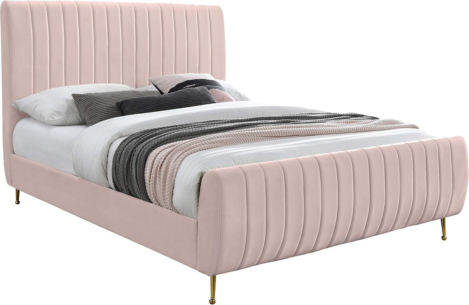 Pink Velvet Queen Bed with Tufted Upholstered Headboard