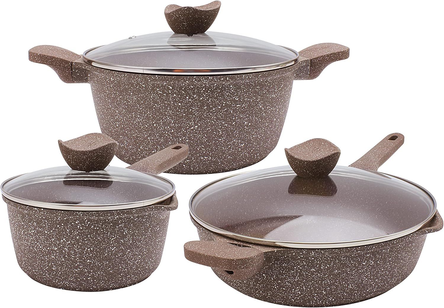 Chocolate Brown Non-Stick Cast Aluminum Cookware Set with Glass Lids, 6 Pc.