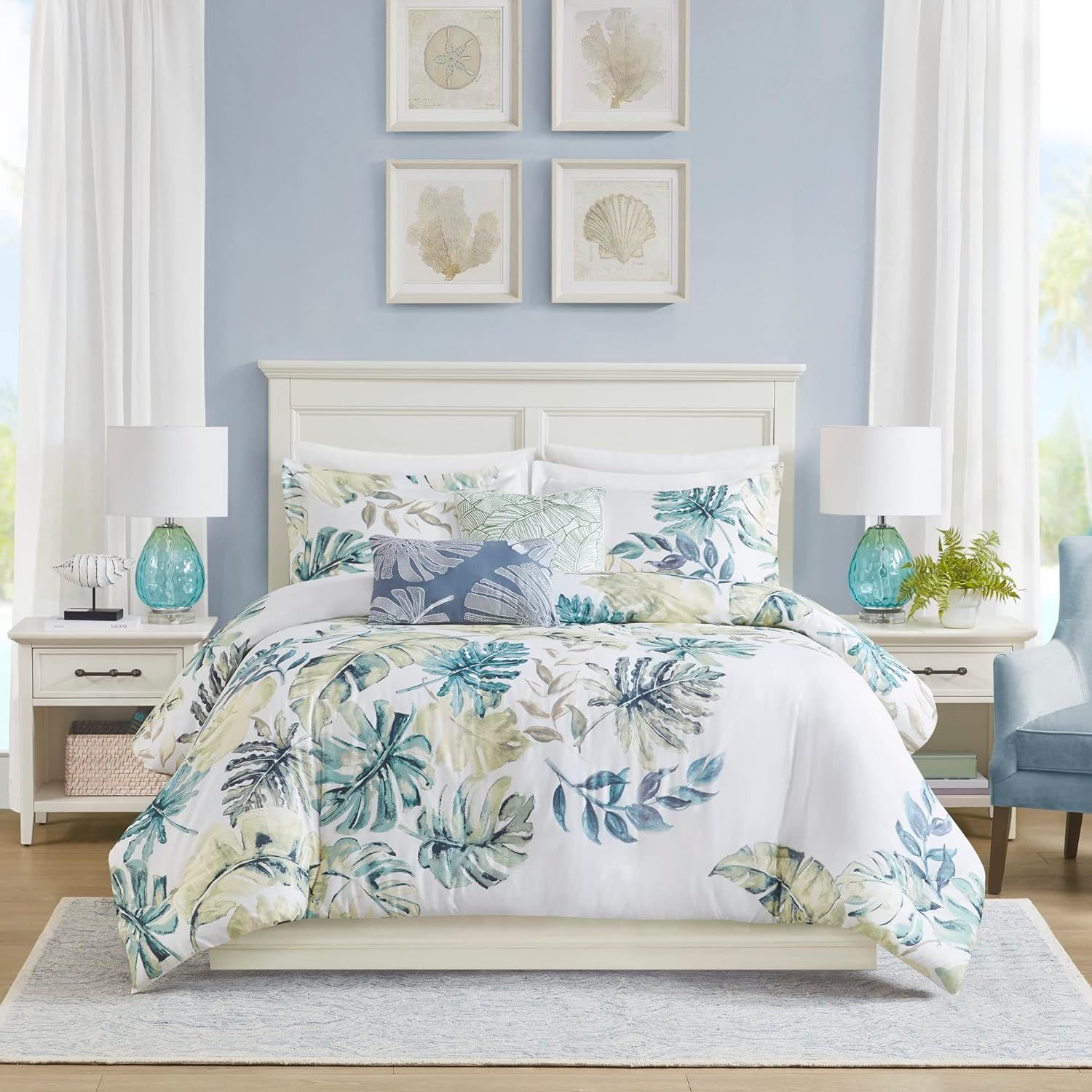 Lorelai Coastal Blue and Green Cotton King Duvet Cover Set