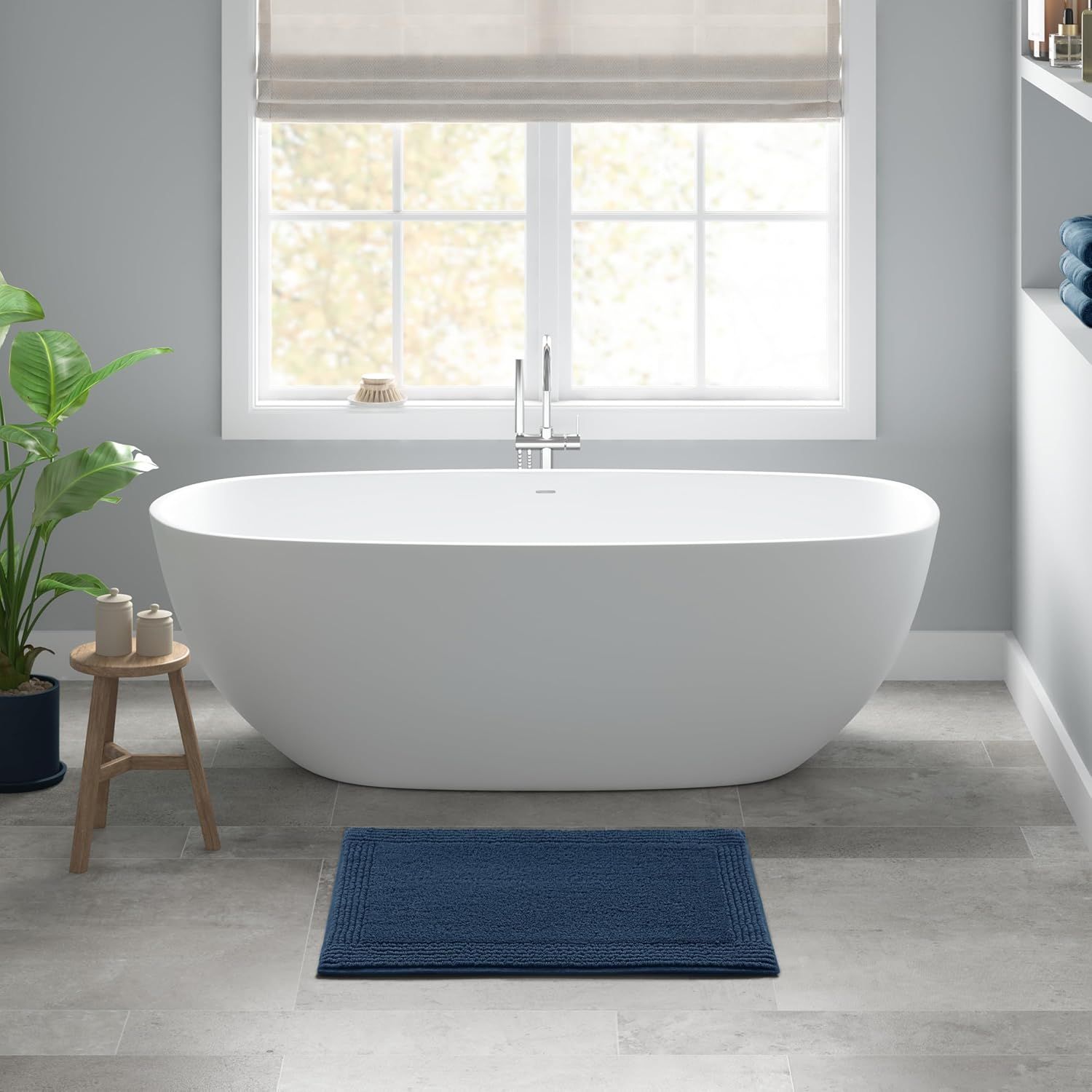 Navy Cotton Tufted Reversible Medium Pile Bath Rug