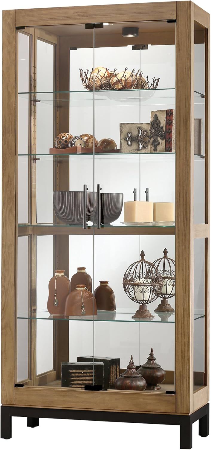 Transitional Aged Natural Lighted Curio Cabinet with Charcoal Base