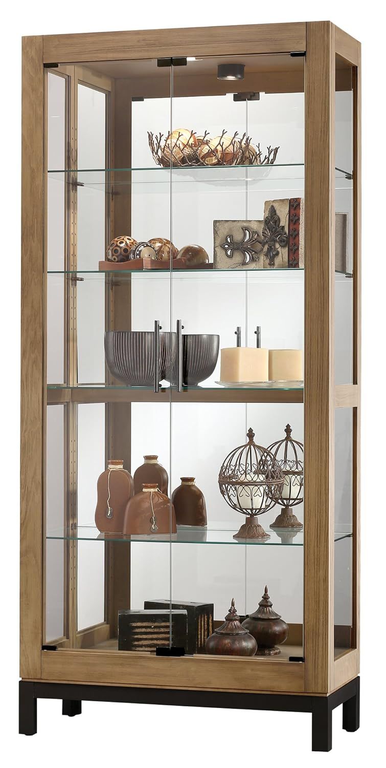 Transitional Aged Natural Lighted Curio Cabinet with Charcoal Base