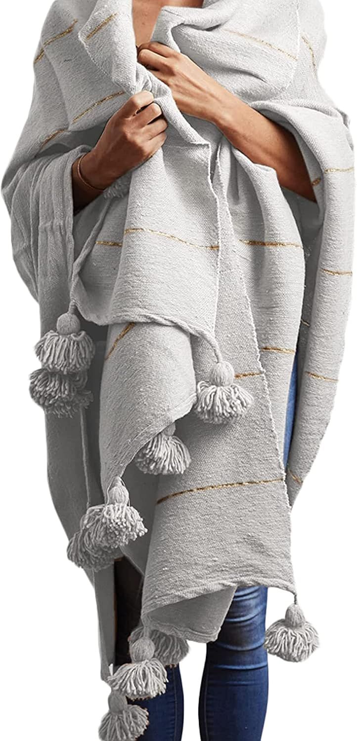 Off-White Cotton Moroccan Blanket with Tassels