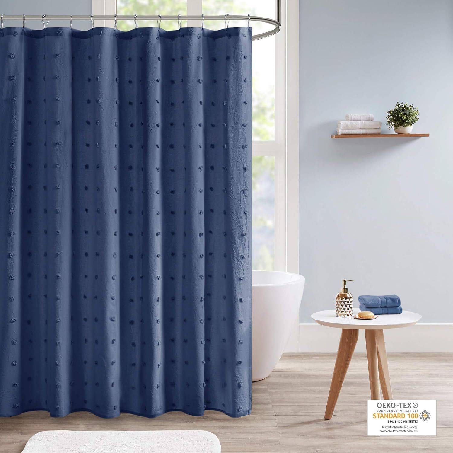 Indigo Blue Cotton Jacquard Pom Pom Shower Curtain