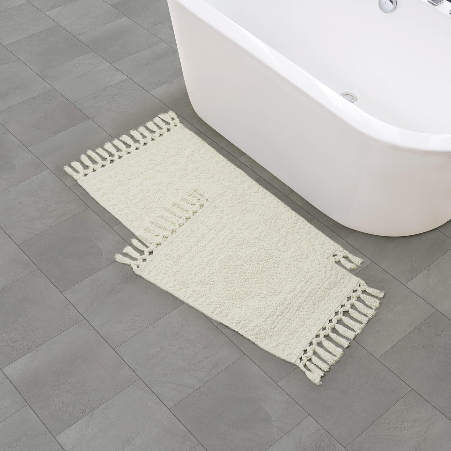 Ivory Woven Cotton Bathroom Rug with Tassel Fringe