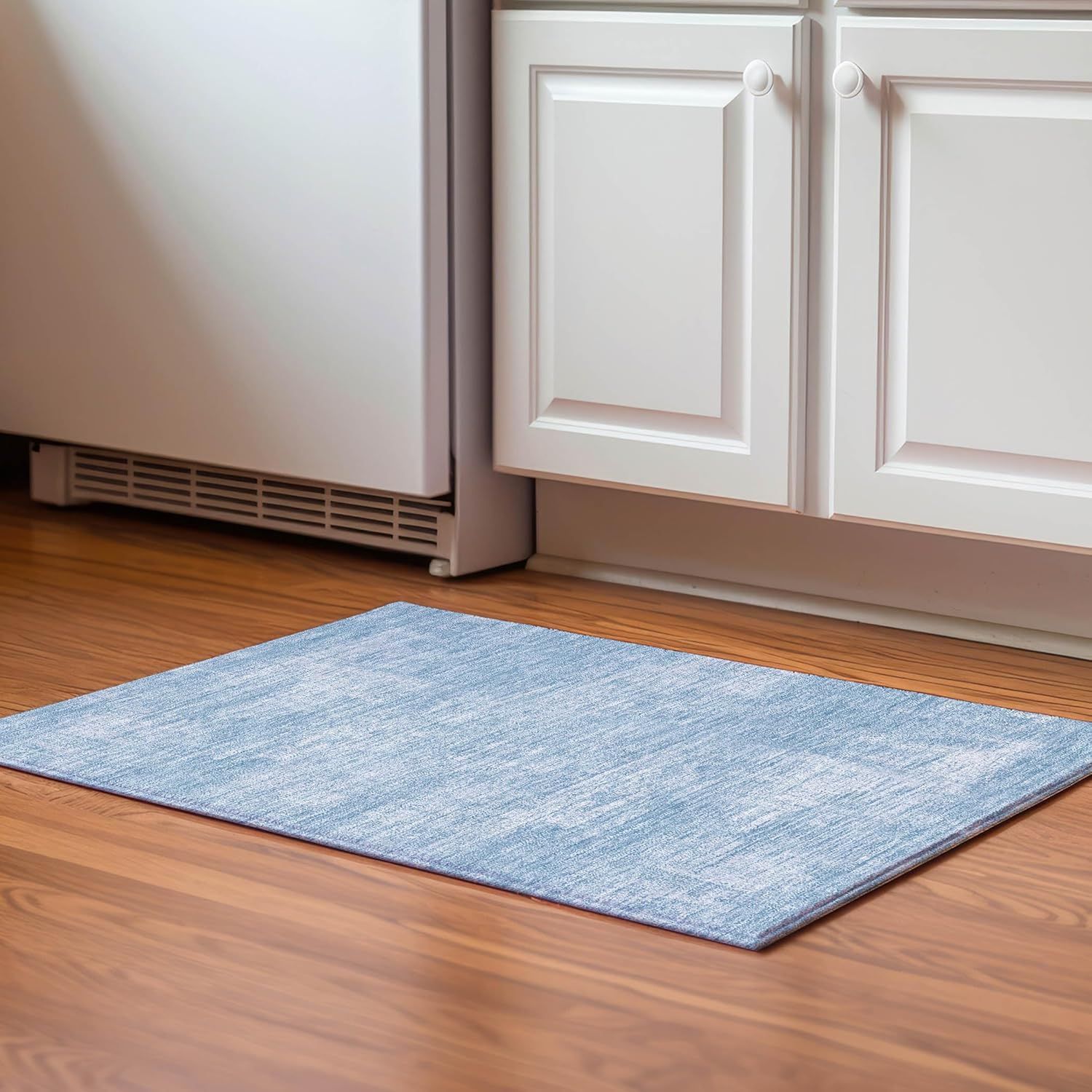 Blue Synthetic Rectangular Washable Rug, 30" x 20"