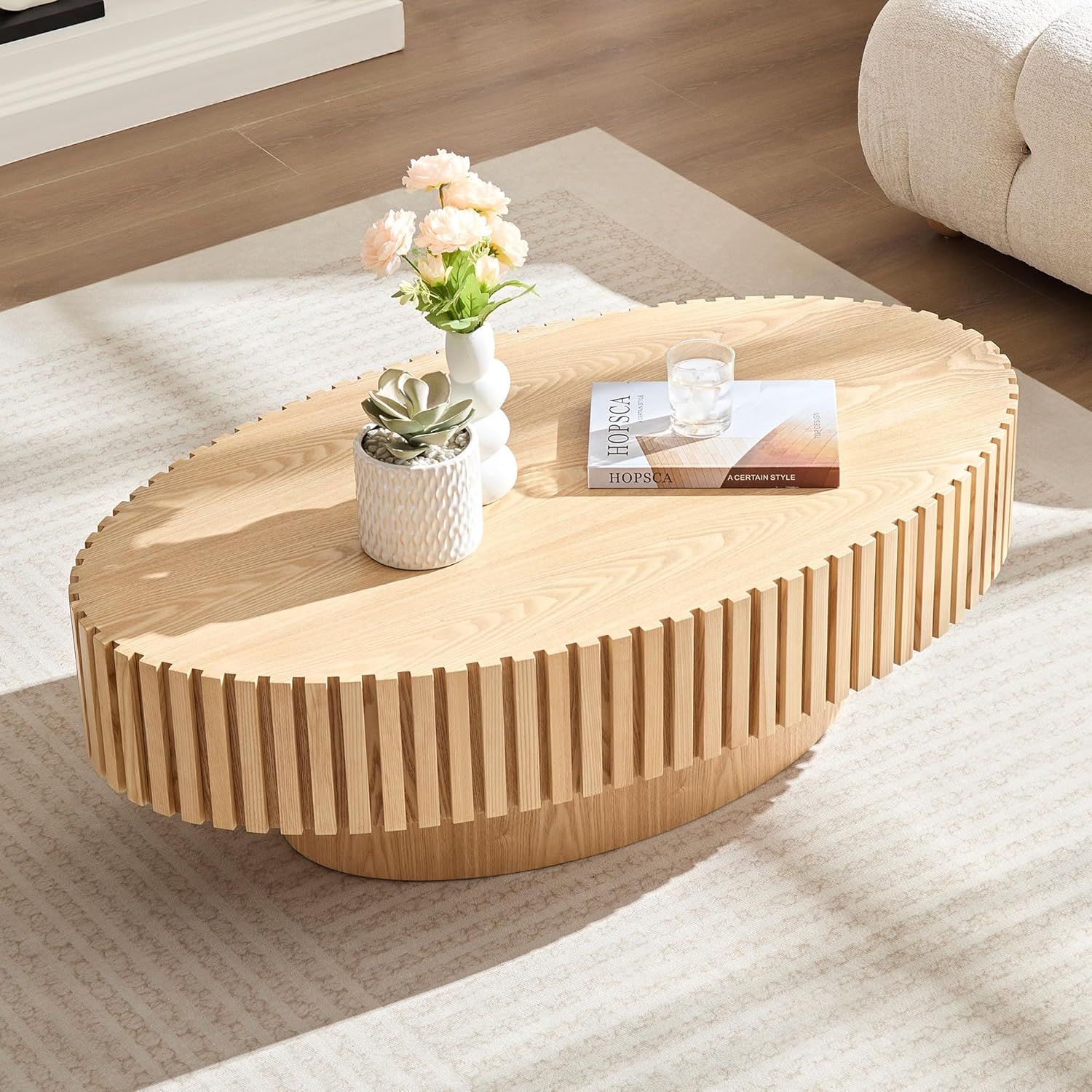 Oak Fluted Oval Coffee Table with Pedestal Base