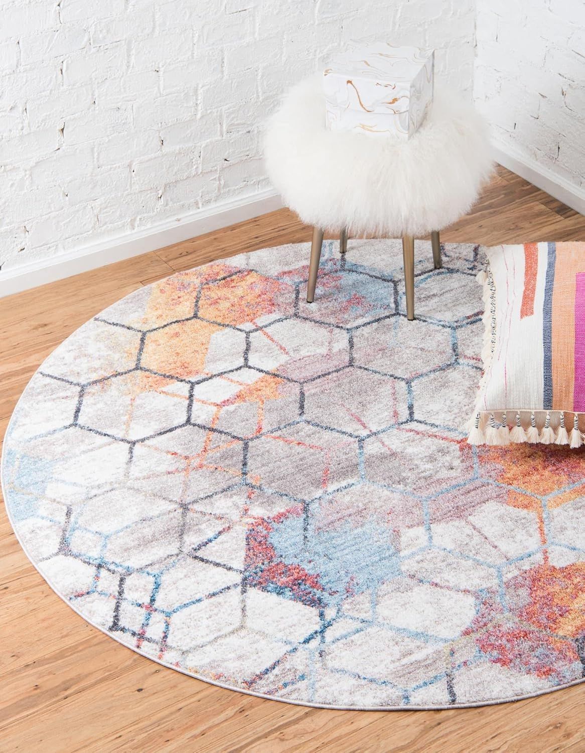 White Geometric Round Shag Rug with Multicolor Accents