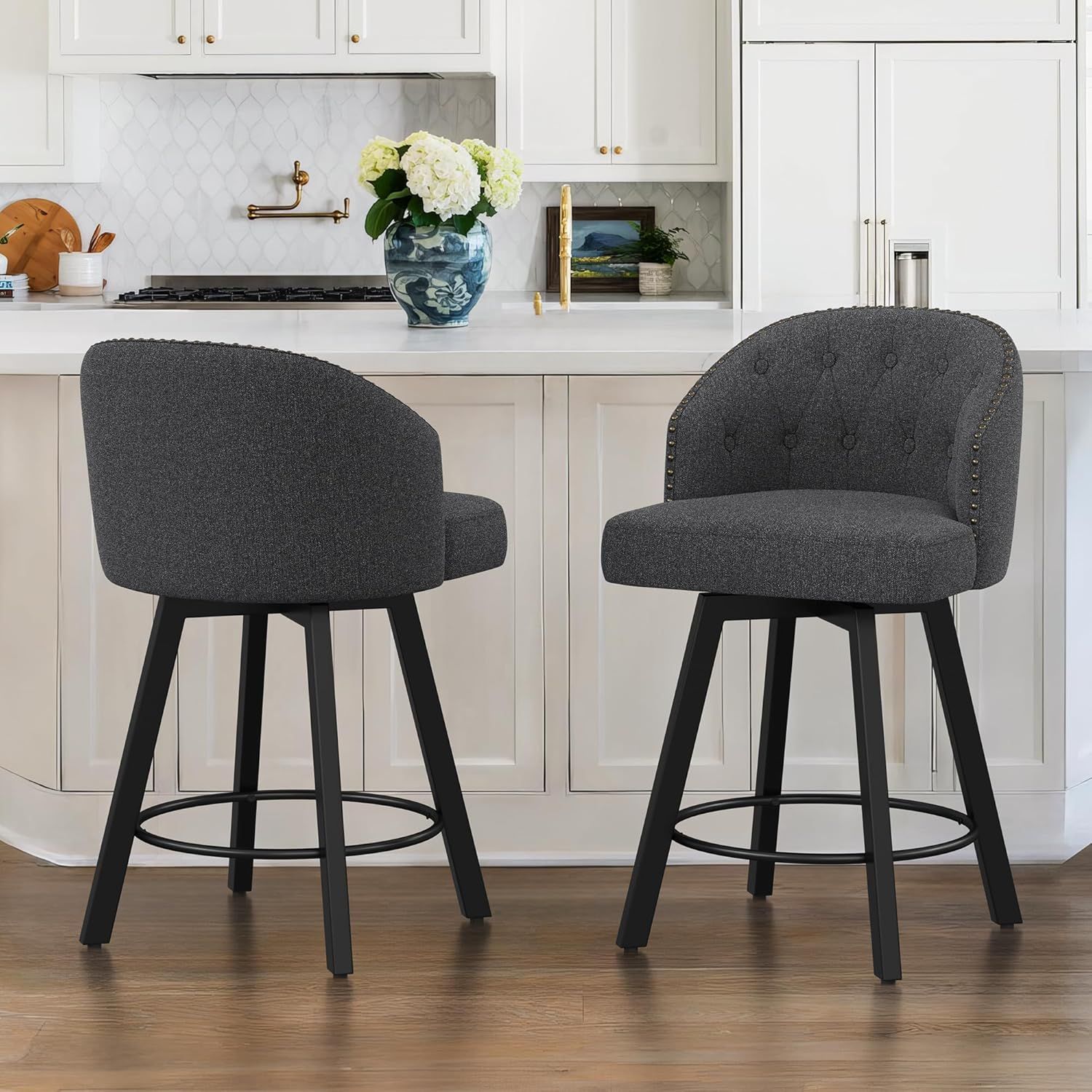 Dark Gray Linen Swivel Counter Stools with Metal Legs, Set of 2