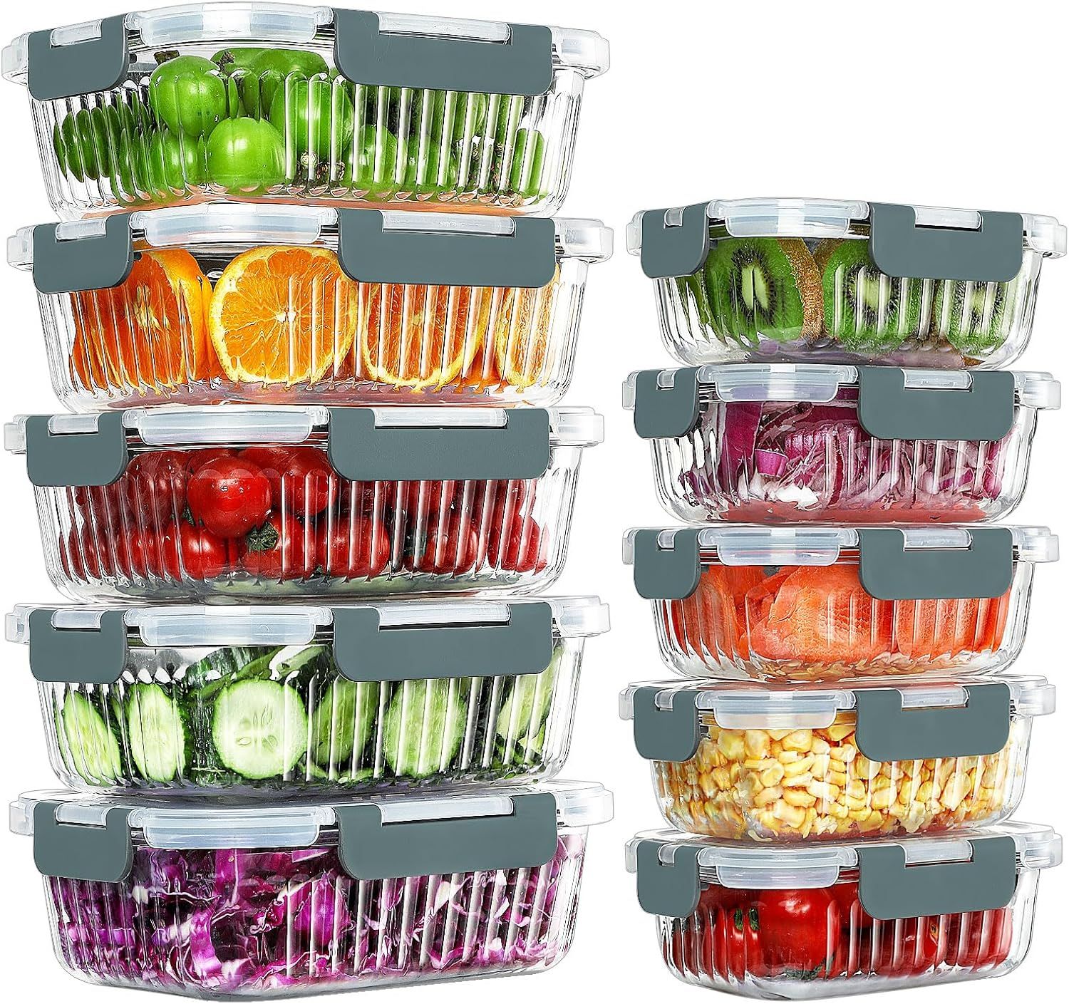 Silver Glass Meal Prep Containers with Airtight Lids, Set of 10