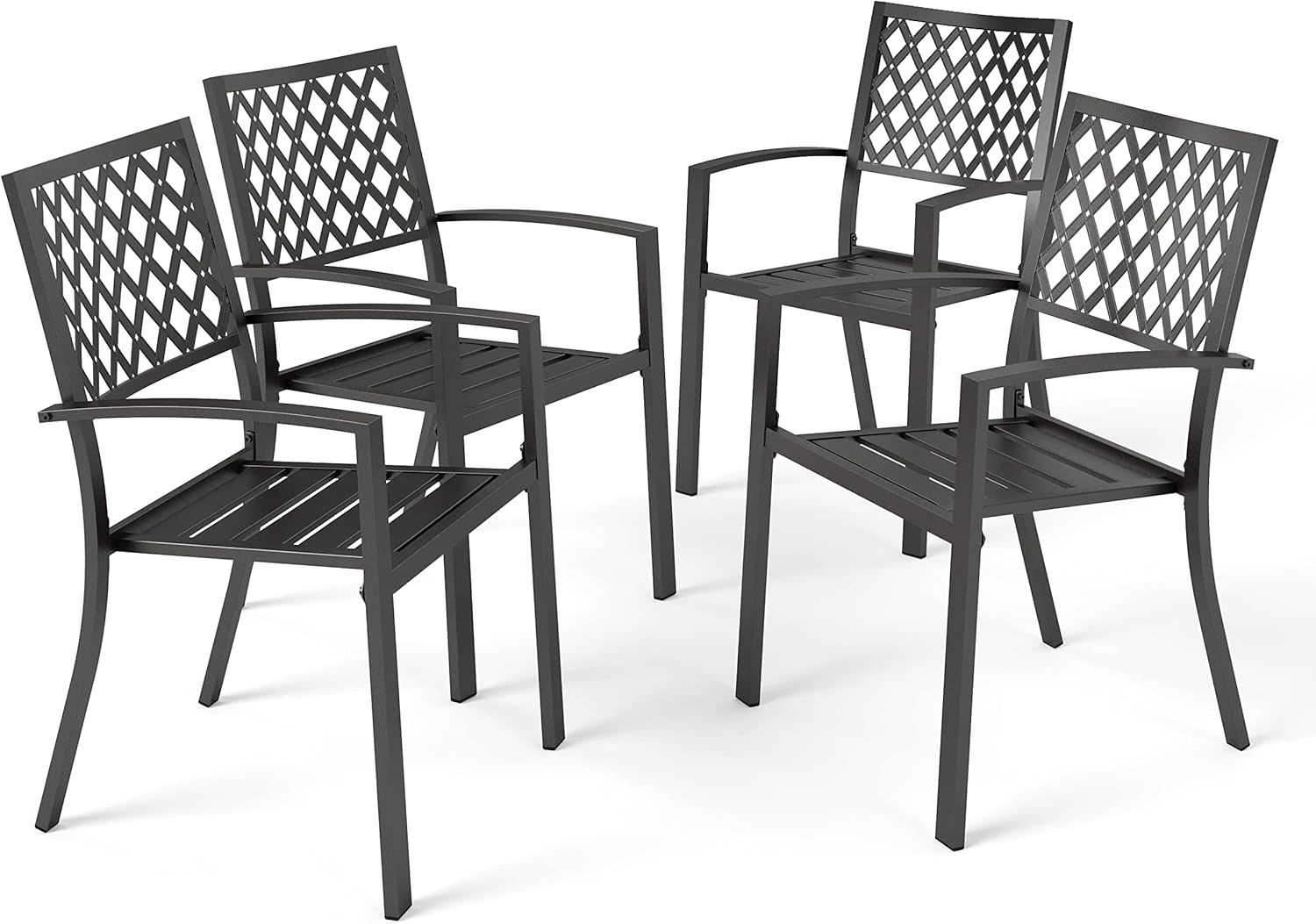 Black Steel Stackable Outdoor Dining Armchairs with Lattice Back (Set of 4)