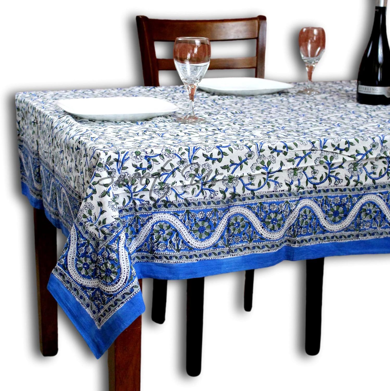 Blue Floral Hand Block Print Cotton Square Tablecloth 72 x 72 inches