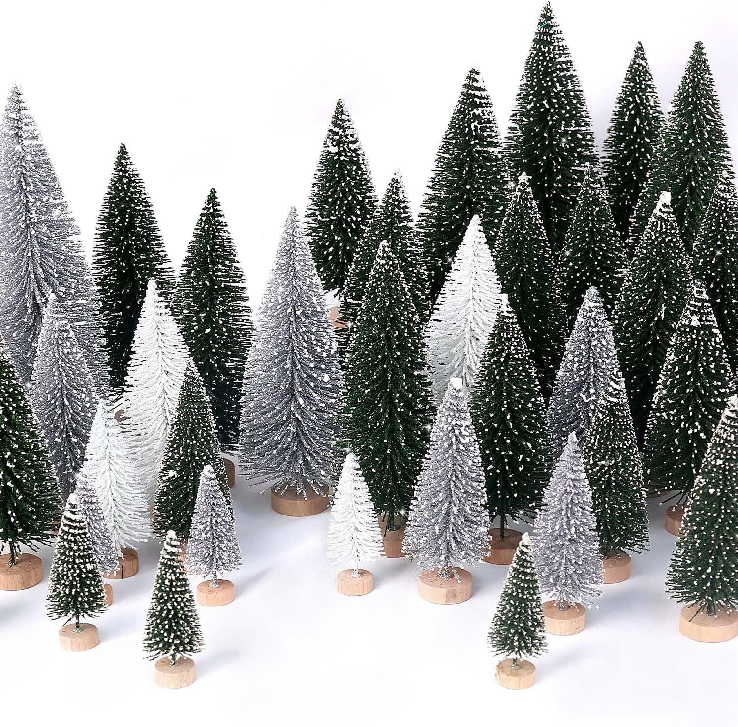 Miniature Green and White Plastic Tabletop Christmas Trees with Wooden Base