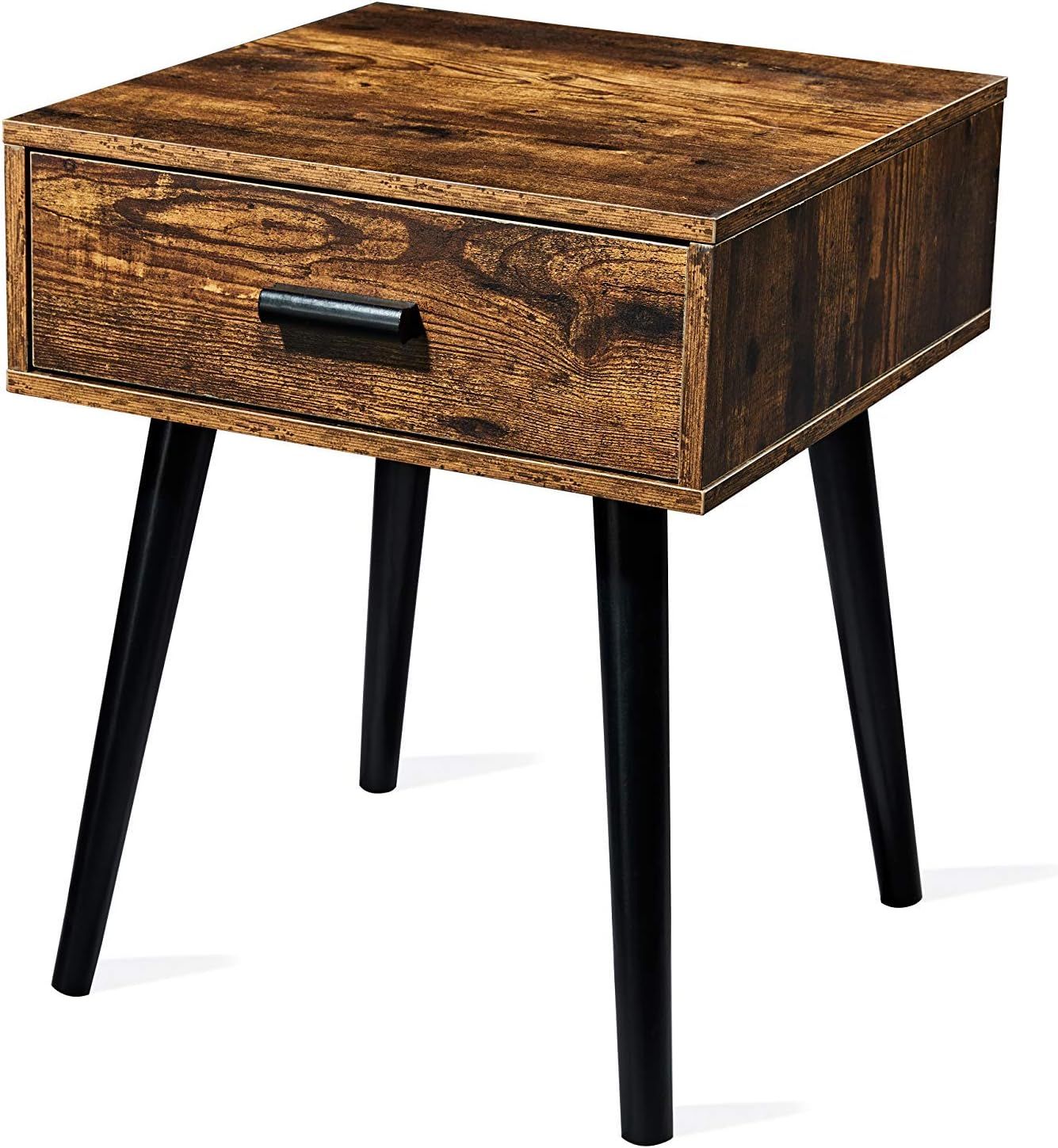 Rustic Brown Wood Nightstand with Drawer and Black Legs