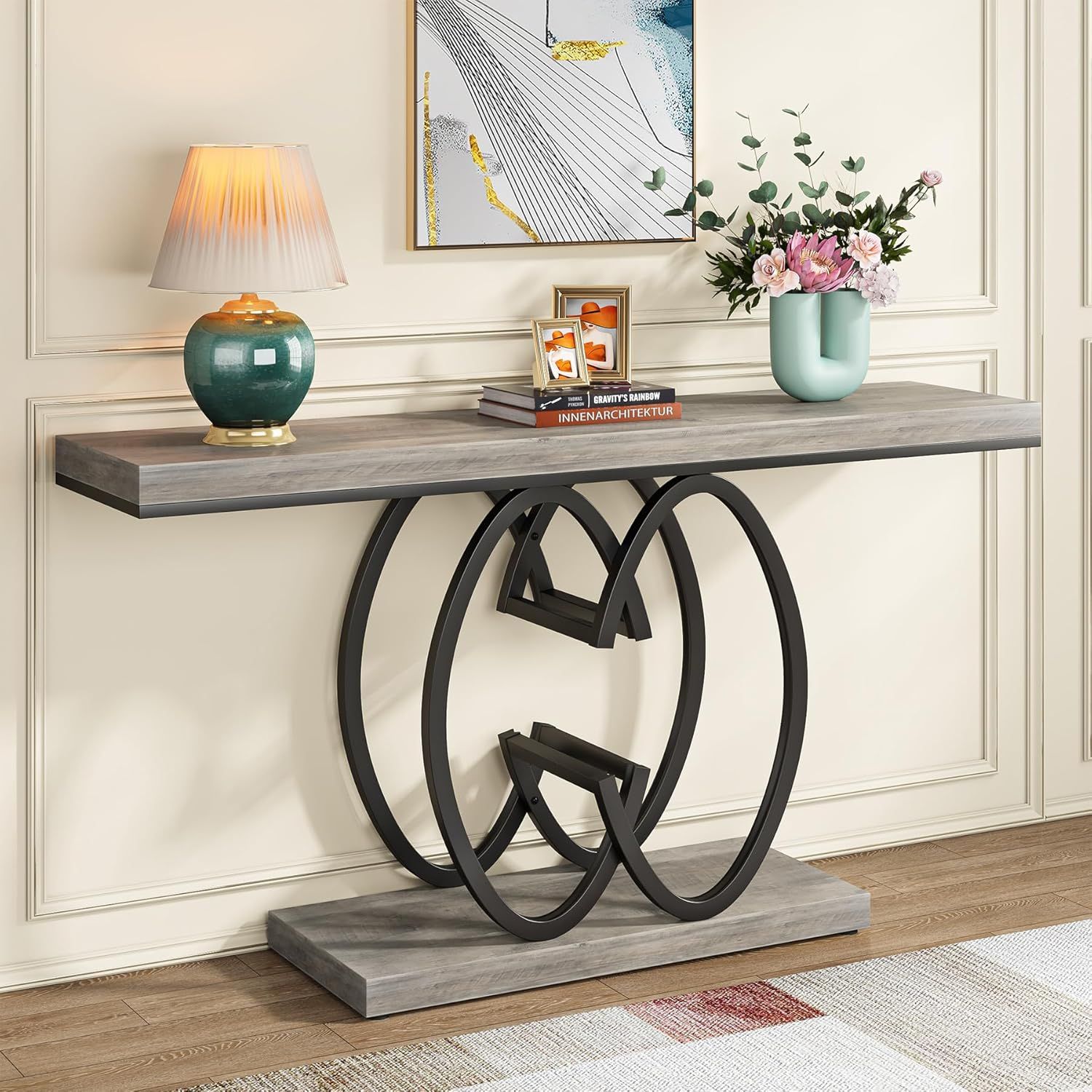 Gray Faux Marble and Black Metal Console Table with Geometric Base