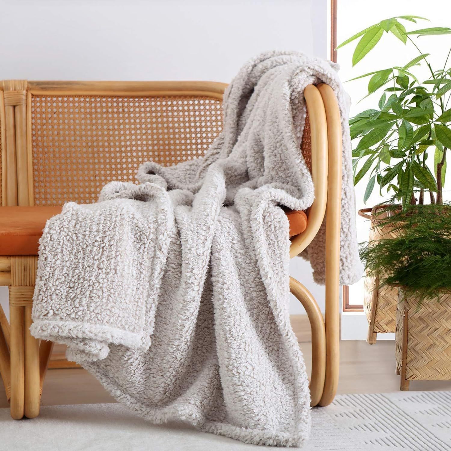 Light Brown Reversible Sherpa Fleece Throw Blanket, 50" x 60"