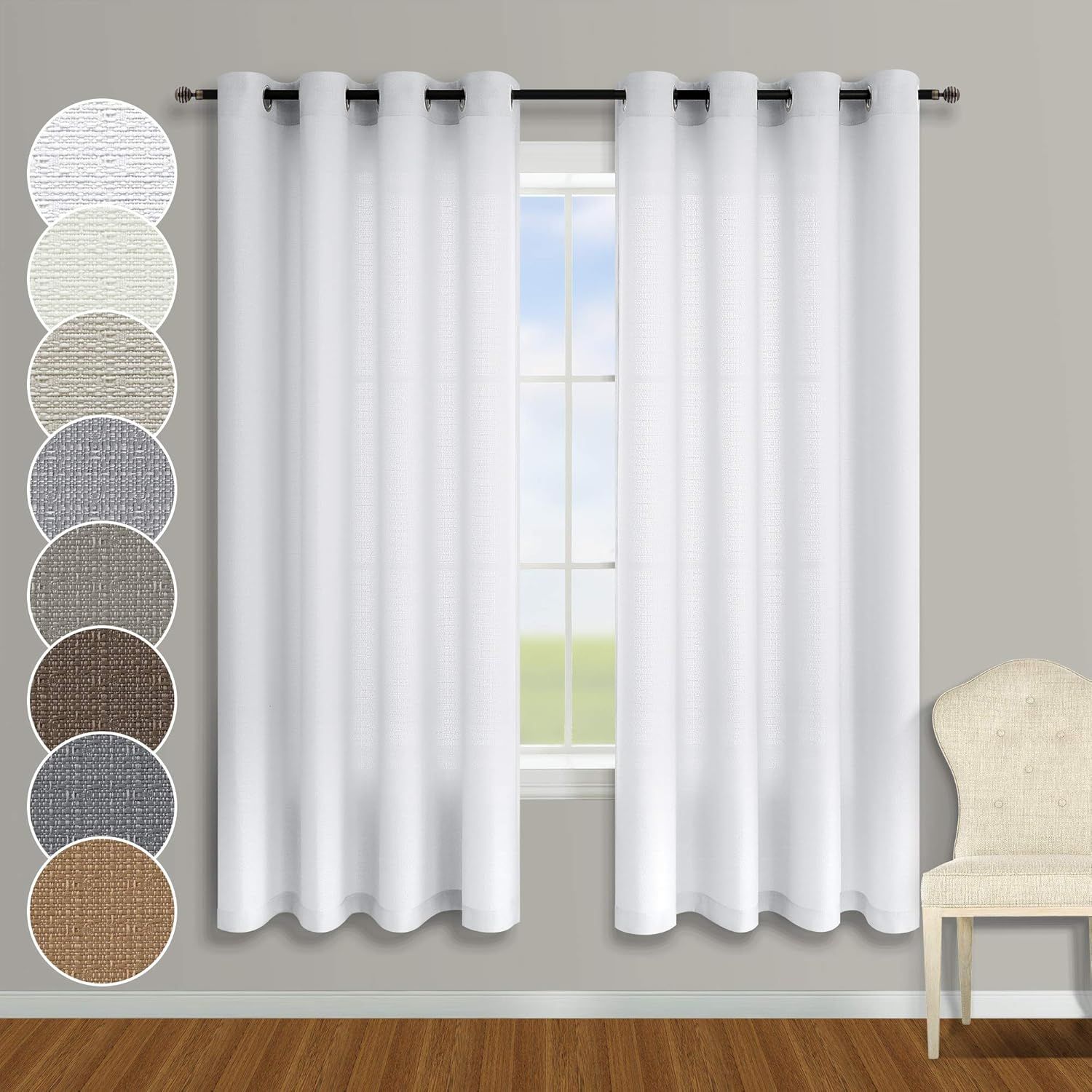 White Linen Semi-Sheer Light-Filtering Rod Pocket Curtains, 63" Length