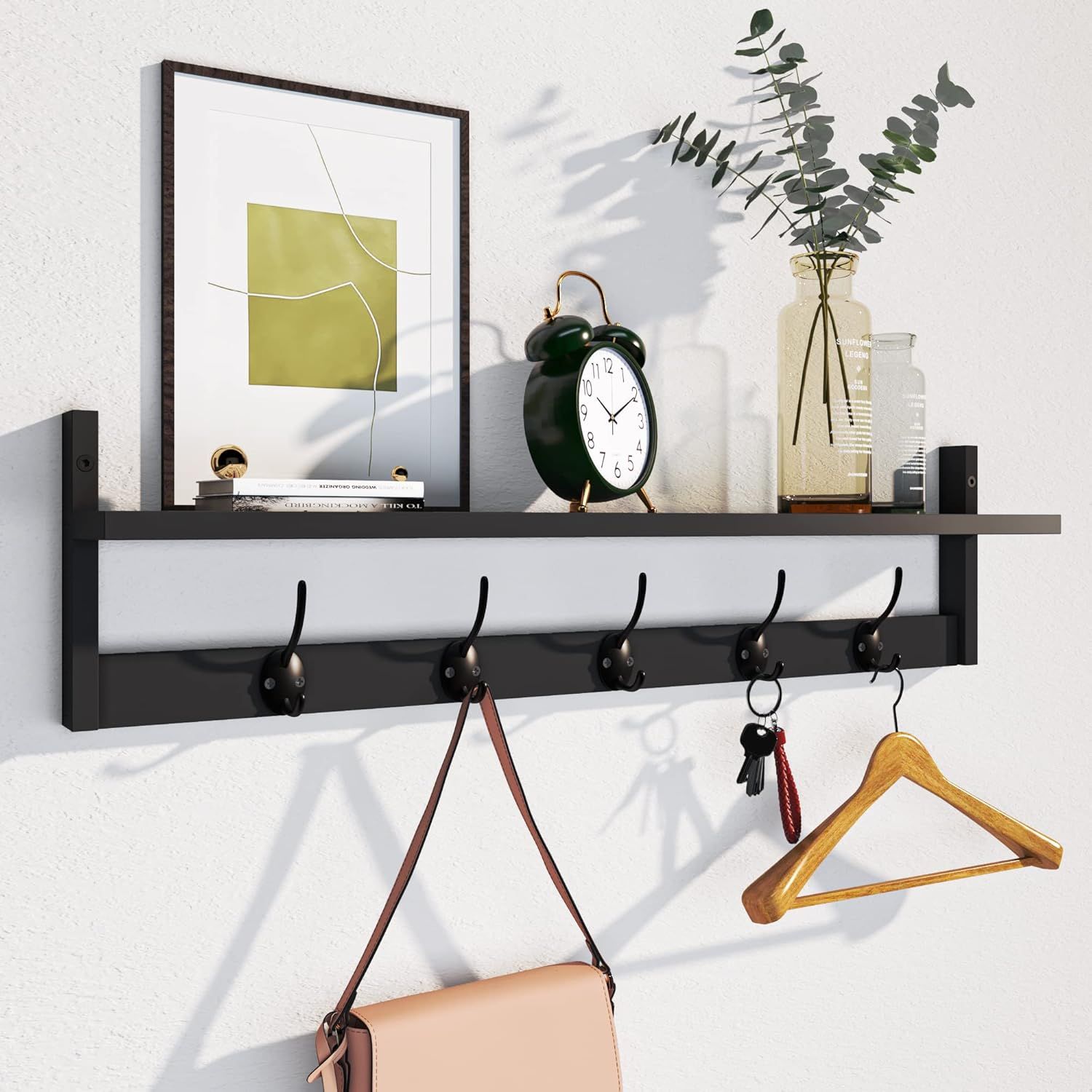 Black Wall-Mounted Coat Rack with Shelf and Hooks