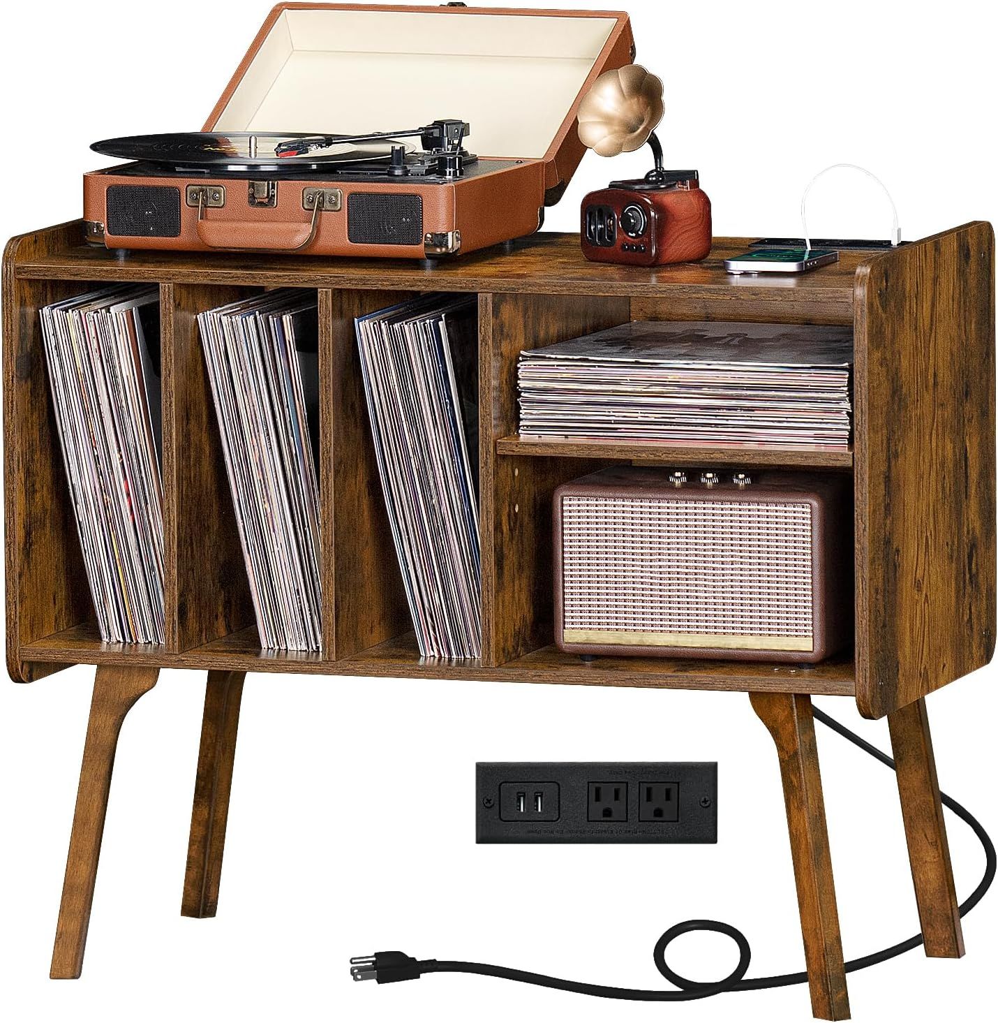 Brown Beech Wood Record Player Stand with Cabinet