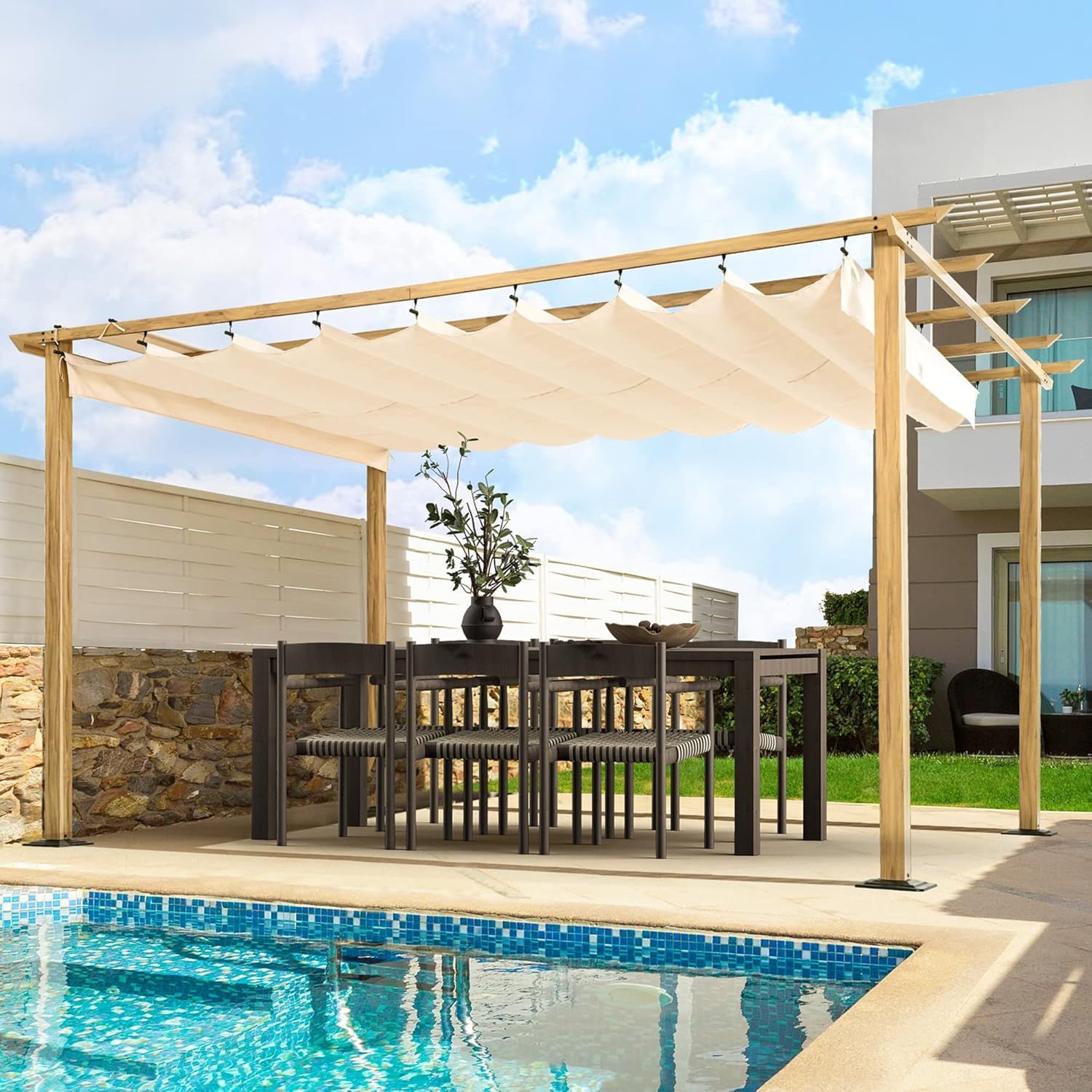 Beige 10' x 13' Wood-Grain Aluminum Pergola with Retractable Canopy