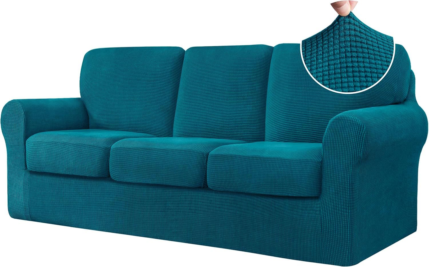 Teal Stretch Jacquard Fabric 3-Seater Sofa Cover