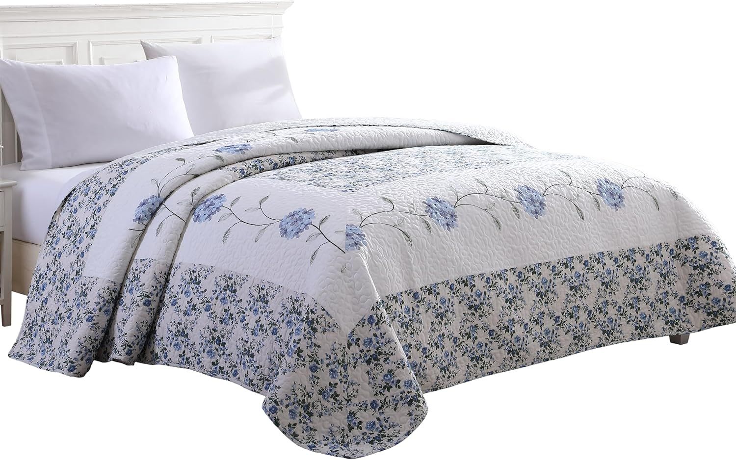 Carnation Blue King-Size Embroidered Microfiber Bedspread