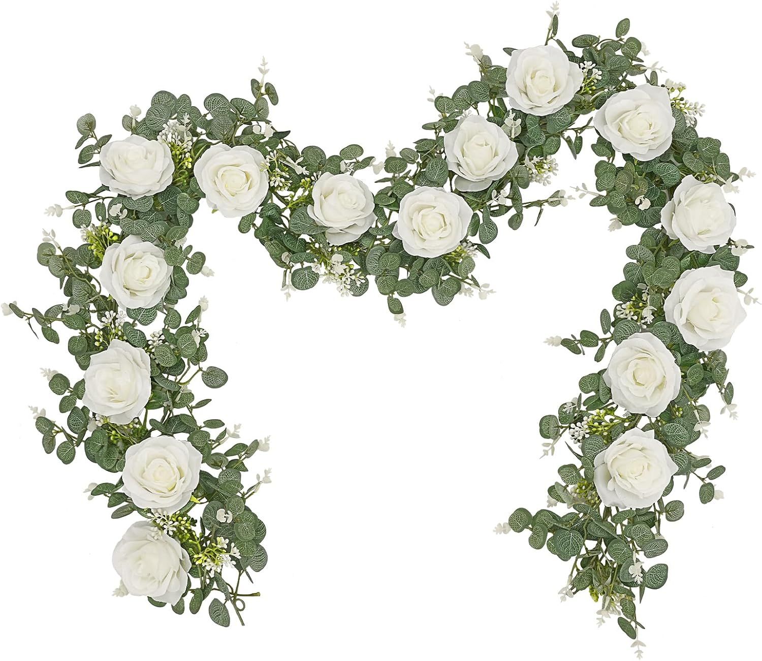 13Ft White Rose and Eucalyptus Artificial Garland Set