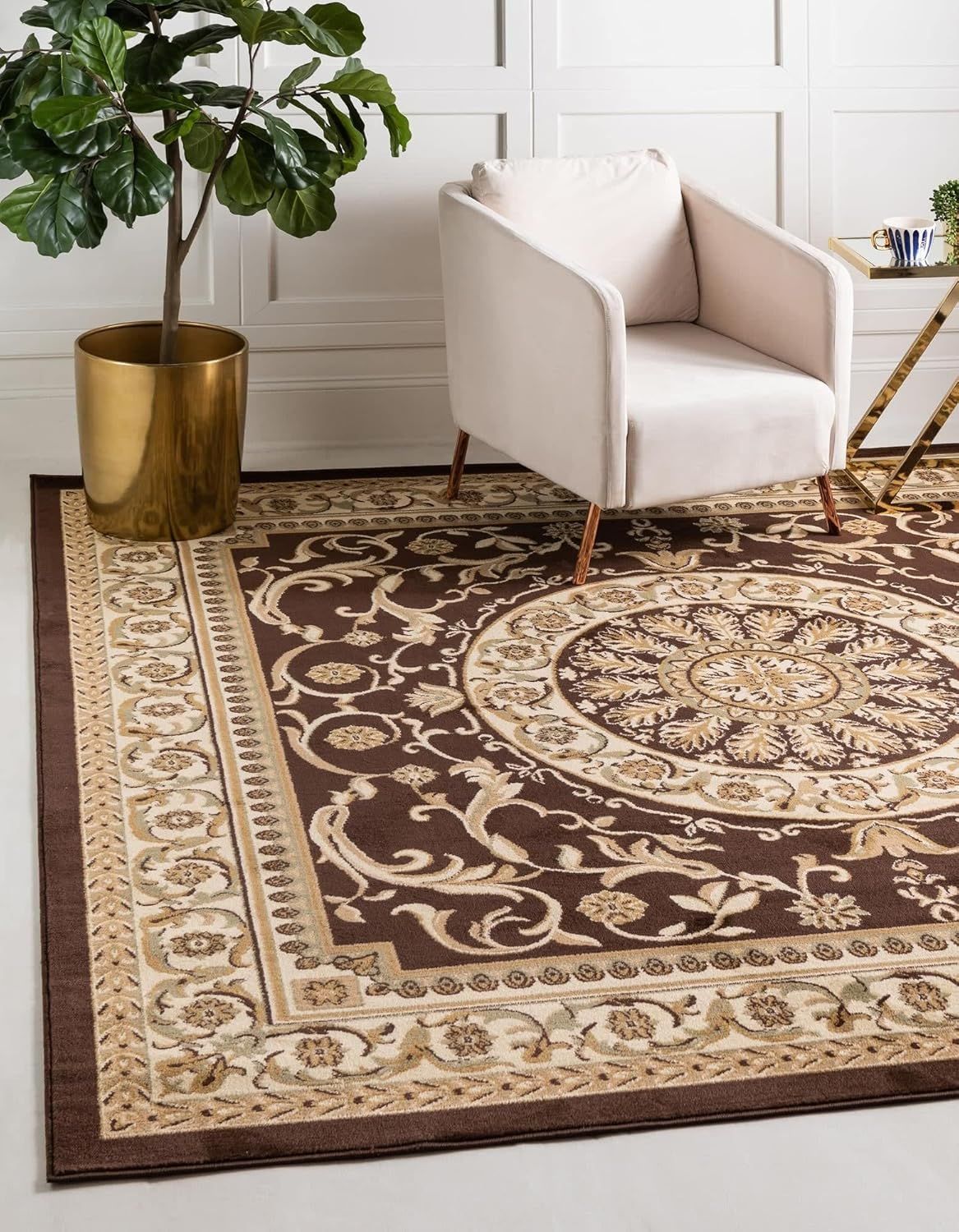 Elegant Medallion 6' Square Brown Synthetic Area Rug